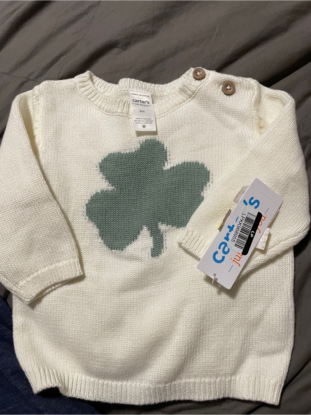 NWT Carter's Cream Knit Sweater with Green Shamrock LS baby kids size 6 Months